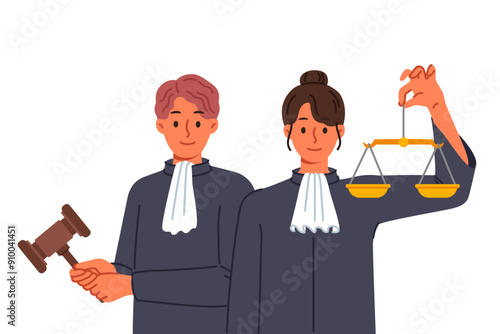 Judge and lawyer call for compliance with law and threaten fair punishment for violators of criminal code. Judge gavel and scales in hands of jury determining degree of guilt of defendant