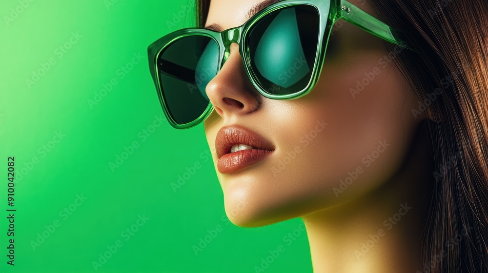 Profile view with dark sunglasses on green backdrop Profile view with dark sunglasses on green backdrop
