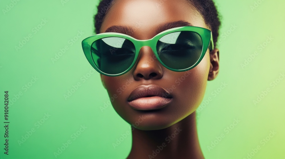 Front view with sunglasses against a green background Front view with sunglasses against a green background