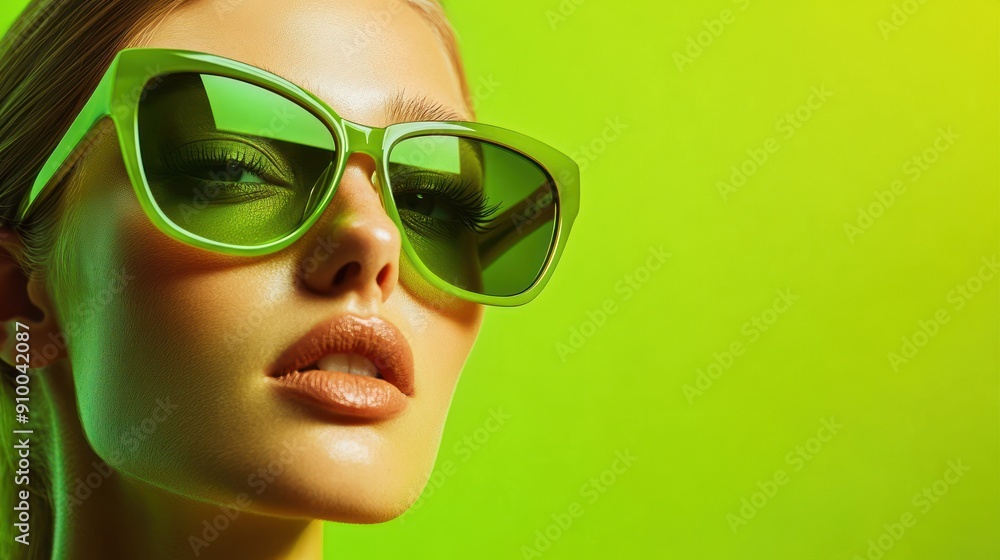 Profile view with yellow sunglasses on neon background Profile view with yellow sunglasses on neon background