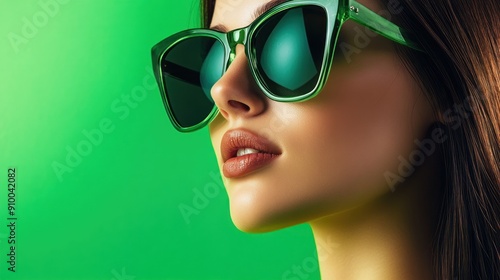 Profile view with dark sunglasses on green backdrop