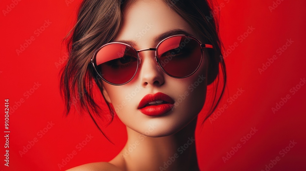 Trendsetting woman with red round sunglasses, modern look Trendsetting woman with red round sunglasses, modern look