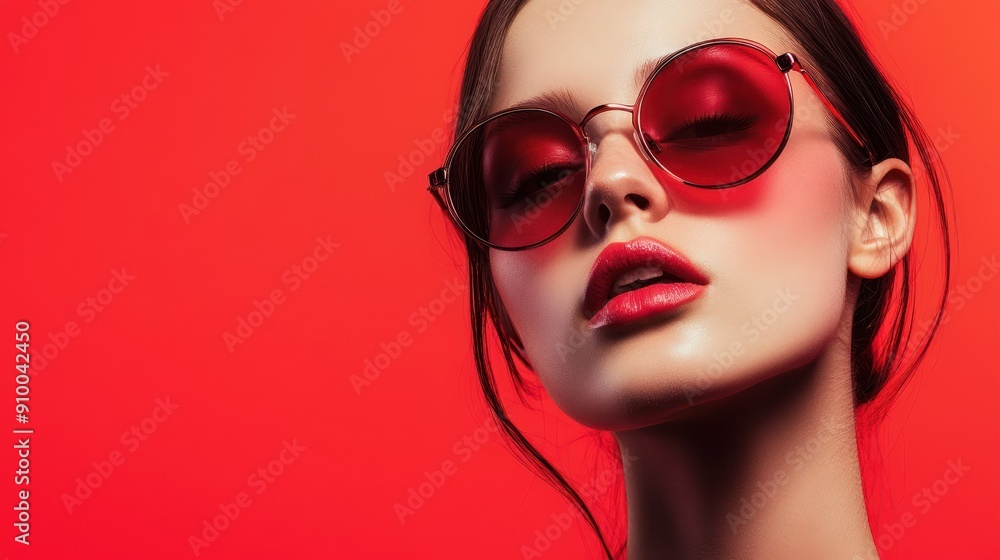 Portrait of a woman with glasses against red background Portrait of a woman with glasses against red background