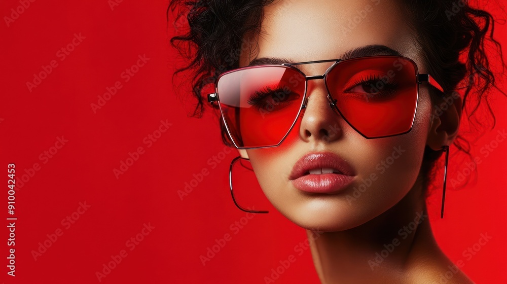 Stylish woman with red geometric sunglasses, fierce look Stylish woman with red geometric sunglasses, fierce look