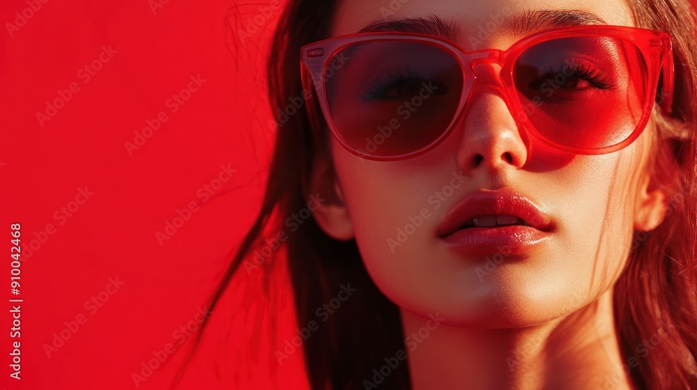 Fototapeta premium Woman with red glasses against vibrant red background.