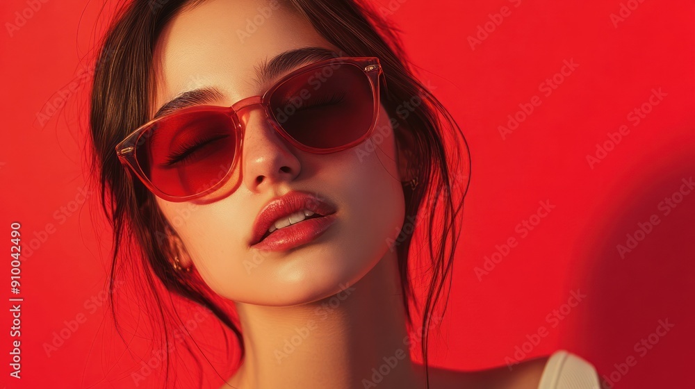 Fototapeta premium Stylish woman in red shades with dreamy expression.