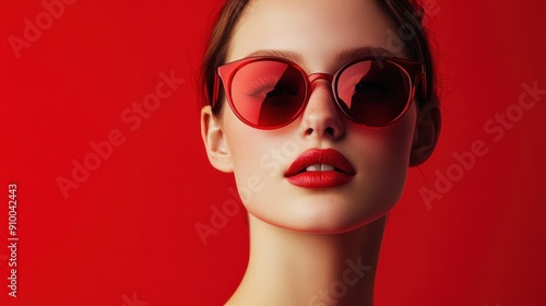 Wallpaper Mural Elegant woman with red sunglasses, striking red backdrop Torontodigital.ca