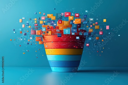 Marketing online with strategy conversion: A detailed 3D render showing strategic approaches to converting leads into customers, with elements like conversion rate optimization, sales funnels, and