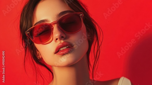 Wallpaper Mural Stylish woman in red shades with dreamy expression. Torontodigital.ca