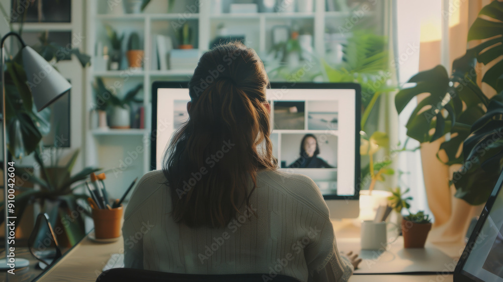 A person works at a desk cluttered with plants, focusing on a computer screen, surrounded by greenery and calming natural elements. A person works at a desk cluttered with plants, focusing on a computer screen, surrounded by greenery and calming natural elements.