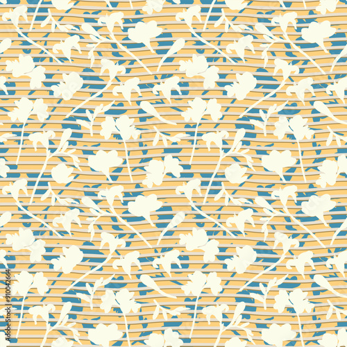Decorative layered flower silhouette texture background with hand drawn wavy stripes. Elegant seamless vector pattern for home decor and fashion fabrics, decorations and wallpaper.