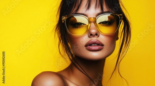 Fashion icon with sleek yellow sunglasses and fringe.