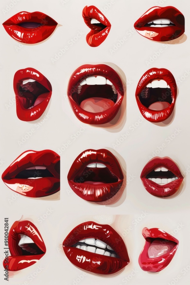 A vibrant collage of various red lips showcasing different shapes and expressions against a neutral background The glossy texture highlights the bold color A vibrant collage of various red lips showcasing different shapes and expressions against a neutral background The glossy texture highlights the bold color