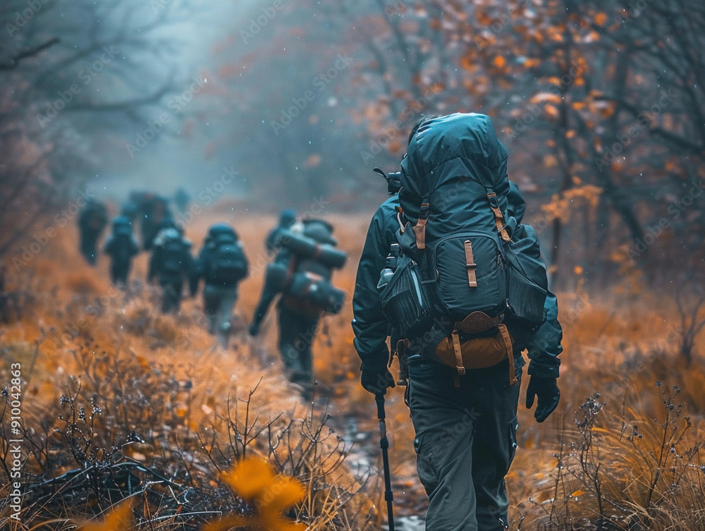 Group of Hikers Trekking Through Foggy Autumn Forest on a Chilly Day Group of Hikers Trekking Through Foggy Autumn Forest on a Chilly Day