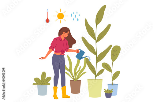 Woman florist grows houseplants in greenhouse, watering flowers with water and fertilizer. Girl from flower shop or greenhouse works as florist, enjoying growing plants to decorate interior of house.