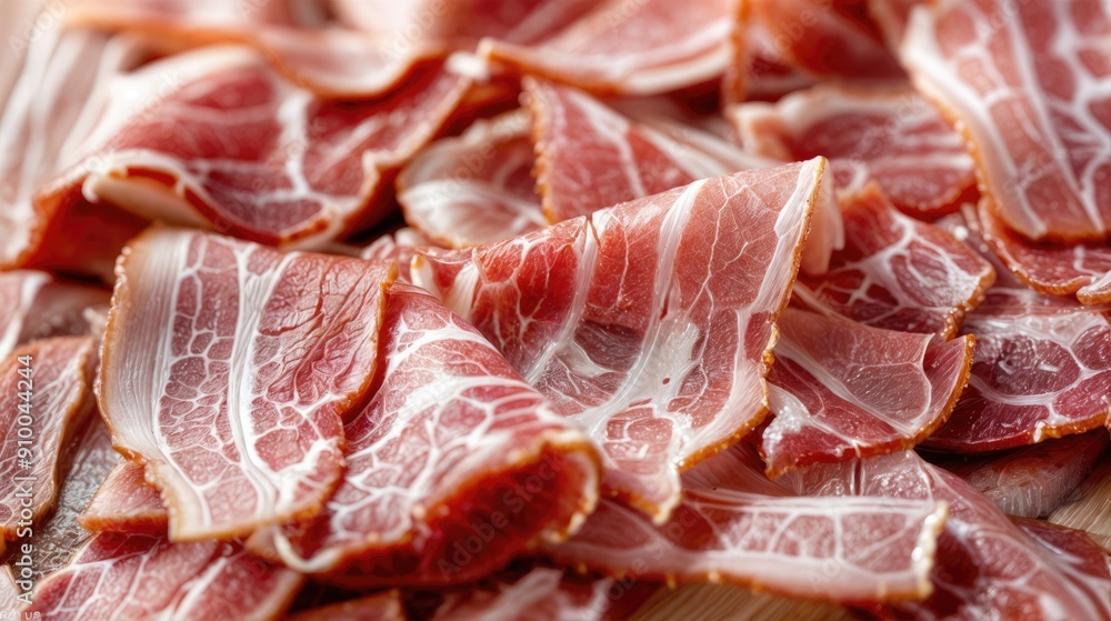 Close-up of bacon slices background. AI generated.