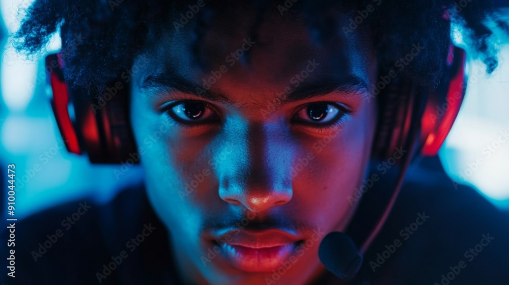 A focused young gamer wearing a headset plays intensely in a dimly lit environment with vibrant neon colors. A focused young gamer wearing a headset plays intensely in a dimly lit environment with vibrant neon colors.