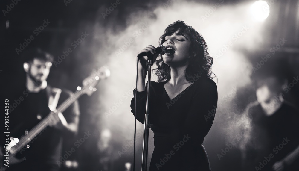 Obraz premium Lead singer performing on stage with band in background