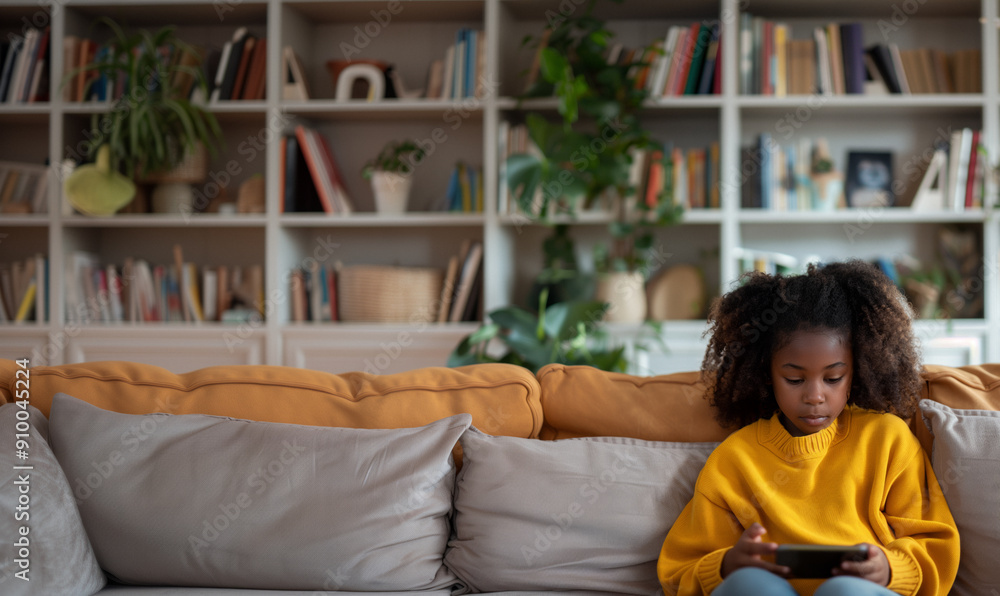 An African American girl wearing a yellow sweater sits on a comfortable couch using a smartphone.Technological Inclusion: Accessibility of Technology for All Children An African American girl wearing a yellow sweater sits on a comfortable couch using a smartphone.Technological Inclusion: Accessibility of Technology for All Children