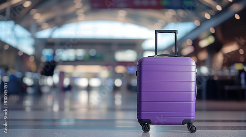 Purple travel suitcase on a blurred airport background, positioned in a spacious terminal, evoking a sense of luxury and sophistication in travel