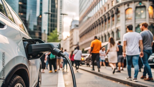 Wallpaper Mural Urban Electric Vehicle Charging Scene. A close-up of an electric vehicle charging on a city street, with blurred pedestrians in the background.  Torontodigital.ca