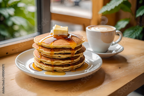 Fluffy stack of pancakes. Stylish cafe table. Maple syrup and butter on top.