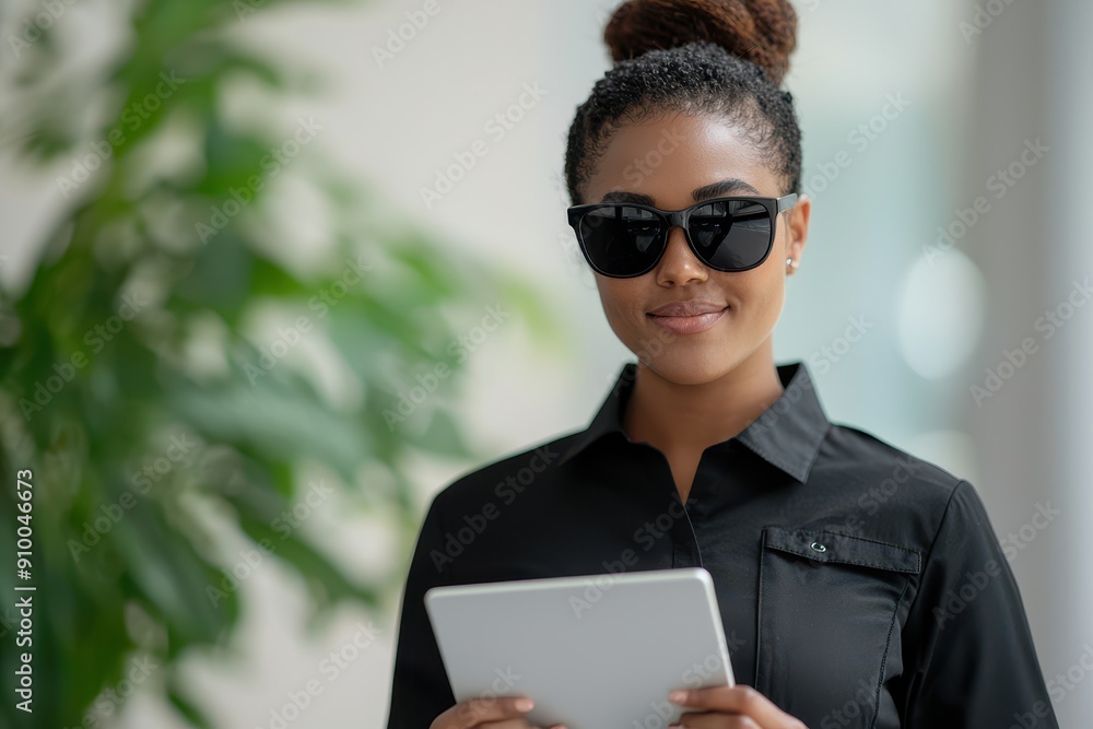 Confident woman in sunglasses holding a tablet, showcasing modern technology in a bright and stylish environment. Confident woman in sunglasses holding a tablet, showcasing modern technology in a bright and stylish environment.