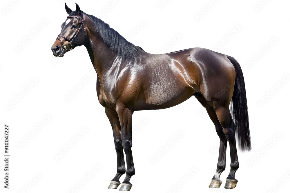 A standing brown horse wearing a black halter, positioned against a white background, showing off its muscular build and elegant stance.