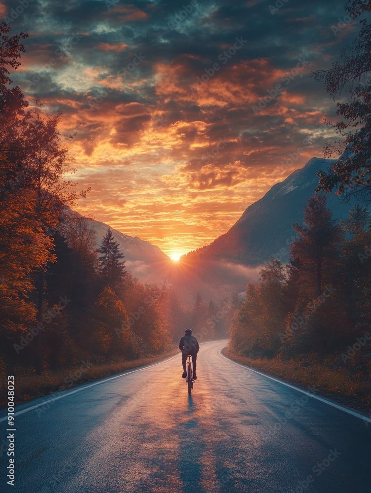 Cyclist on winding road in tranquil mountainous sunrise