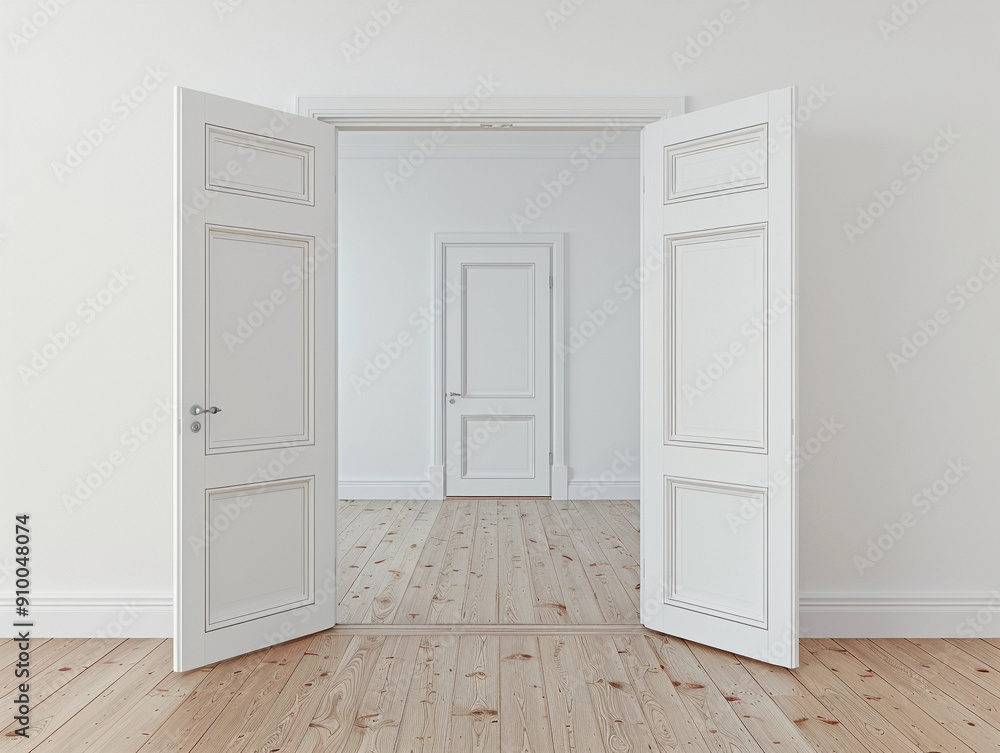 Open White Doors Leading to a Bright and Minimalist Interior Space Open White Doors Leading to a Bright and Minimalist Interior Space