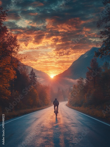 Obraz na płótnie Cyclist on winding road in tranquil mountainous sunrise w salonie