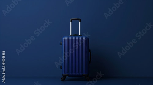 Elegant navy blue travel suitcase against a deep blue background, sophisticated luggage design for modern travelers