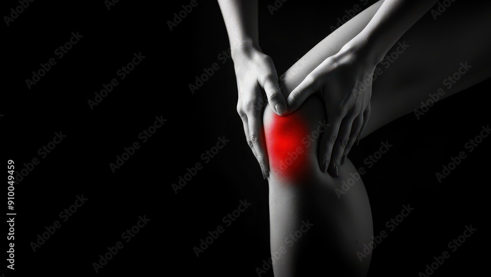 Naklejka premium Woman holding her knee with red pain showing discomfort and pain, focusing on knee injury, personal health