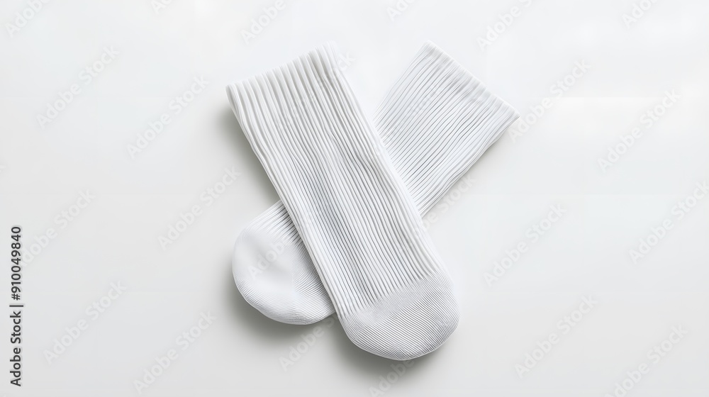 A pair of plain white cotton socks, ribbed texture, athletic style, folded neatly, top-down view, crisp details, soft shadows, minimalist composition, white background, product photography. A pair of plain white cotton socks, ribbed texture, athletic style, folded neatly, top-down view, crisp details, soft shadows, minimalist composition, white background, product photography.