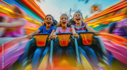 Trois jeunes filles heureuse sur des montagnes russes dans un parc d'attractions, s'amusant et criant, impression de mouvement et de vitesse.