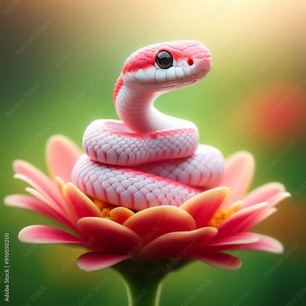 Fototapeta premium Close-up of a small light red snake with a white belly and pink nose, standing on a beautiful flower