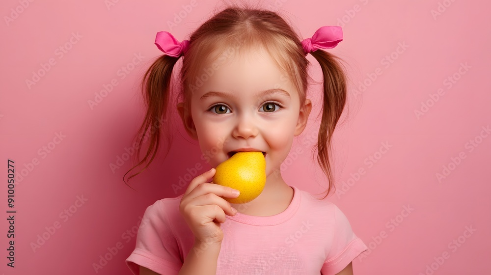A young girl biting into a yellow pear, pigtails with hair ties, cute expression, big eyes, close-up portrait, soft pink background, pink t-shirt, pink hair ribbons, vibrant colors. A young girl biting into a yellow pear, pigtails with hair ties, cute expression, big eyes, close-up portrait, soft pink background, pink t-shirt, pink hair ribbons, vibrant colors.