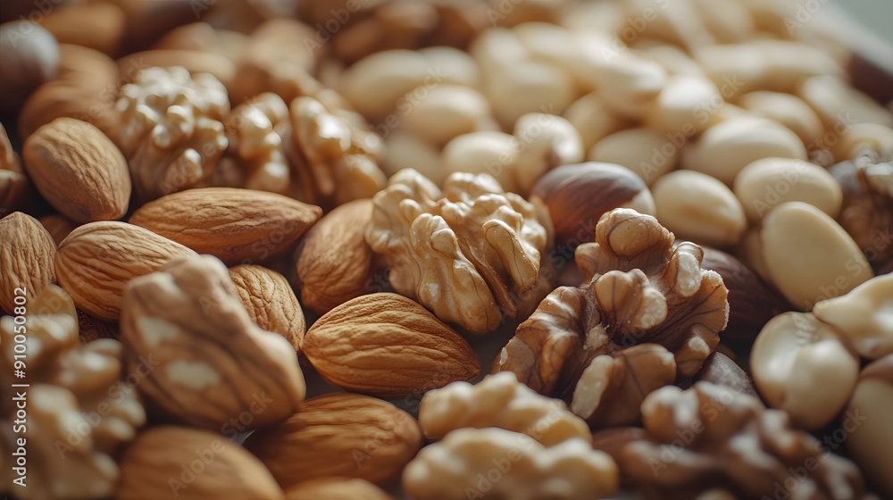 Assorted nuts and seeds, variety of textures, almonds, walnuts, hazelnuts, pistachios, cashews, close-up food photography, white marble tabletop, shallow depth of field, rich warm tones. Assorted nuts and seeds, variety of textures, almonds, walnuts, hazelnuts, pistachios, cashews, close-up food photography, white marble tabletop, shallow depth of field, rich warm tones.