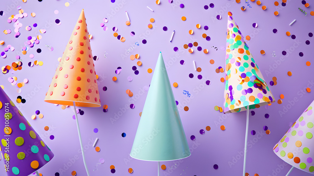 A vibrant arrangement of multicolored party hats with scattered confetti on a light purple background. The image radiates a festive and cheerful atmosphere, ideal for party-themed visuals. A vibrant arrangement of multicolored party hats with scattered confetti on a light purple background. The image radiates a festive and cheerful atmosphere, ideal for party-themed visuals.