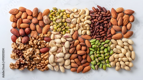 Assorted nuts and seeds, variety of textures, almonds, walnuts, hazelnuts, pistachios, cashews, close-up food photography, white marble tabletop, shallow depth of field, rich warm tones.