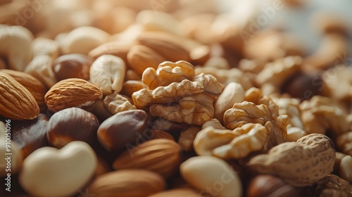 Assorted nuts and seeds, variety of textures, almonds, walnuts, hazelnuts, pistachios, cashews, close-up food photography, white marble tabletop, shallow depth of field, rich warm tones.