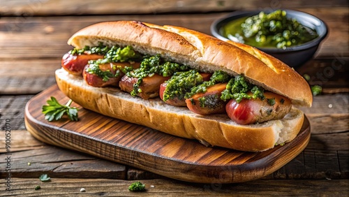 Traditional Argentine chorip?n street food sandwich with grilled sausage and chimichurri sauce , Argentine, flavor photo