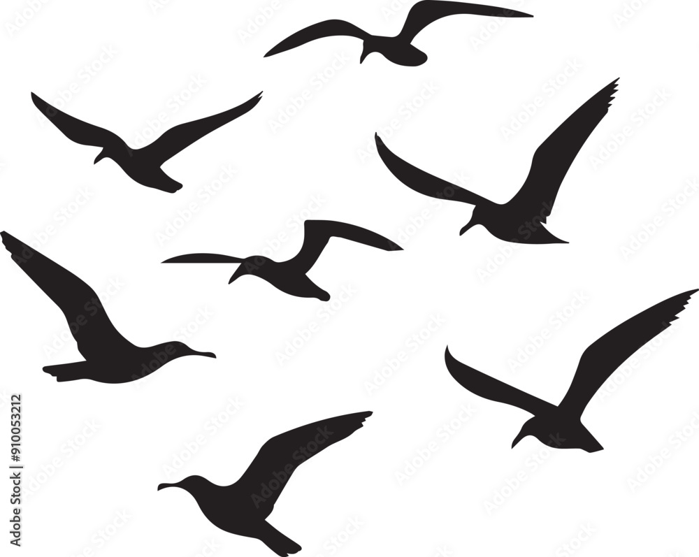 Silhouette of seagulls in flight vector , silhouettes of flying birds icon Silhouette of seagulls in flight vector , silhouettes of flying birds icon