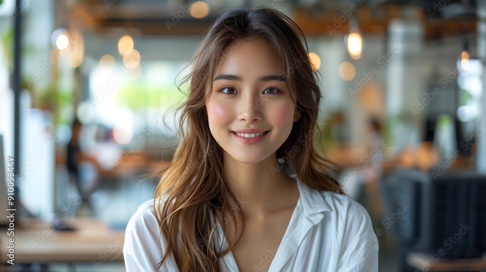 Young Woman Smiling Brightly During Daytime at a Trendy Cafe Setting Young Woman Smiling Brightly During Daytime at a Trendy Cafe Setting