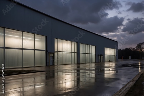 modern industrial warehouse building at dusk 