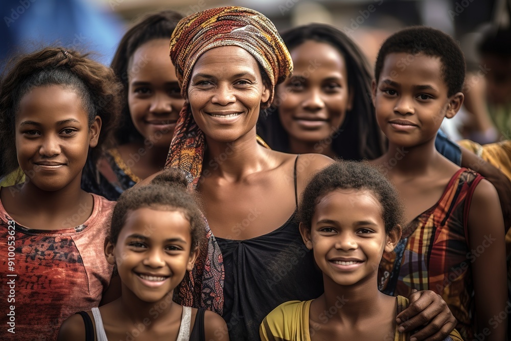 African mother with her children smiles at camera African mother with her children smiles at camera