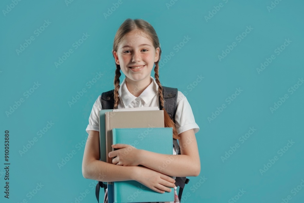 Smiling girl with long blonde hair in braids, wearing a white shirt and backpack, holding books against turquoise background. Smiling girl with long blonde hair in braids, wearing a white shirt and backpack, holding books against turquoise background.