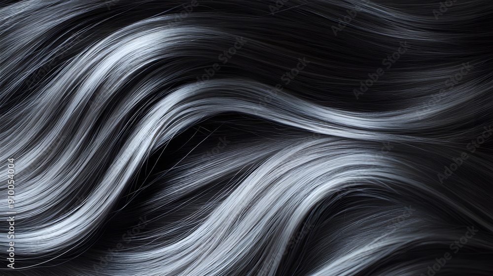 Long flowing dark hair, smooth and shiny texture, silver highlights, hair in motion, close-up photography, sleek straight hairstyle, glossy finish, white background, soft lighting. Long flowing dark hair, smooth and shiny texture, silver highlights, hair in motion, close-up photography, sleek straight hairstyle, glossy finish, white background, soft lighting.