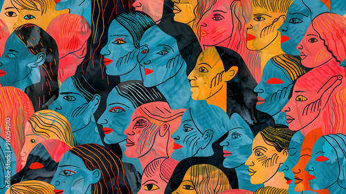 A vibrant abstract illustration featuring a variety of diverse faces in profile, rendered in bold colors and patterns. The image explores themes of diversity, identity, and community through expressiv photo