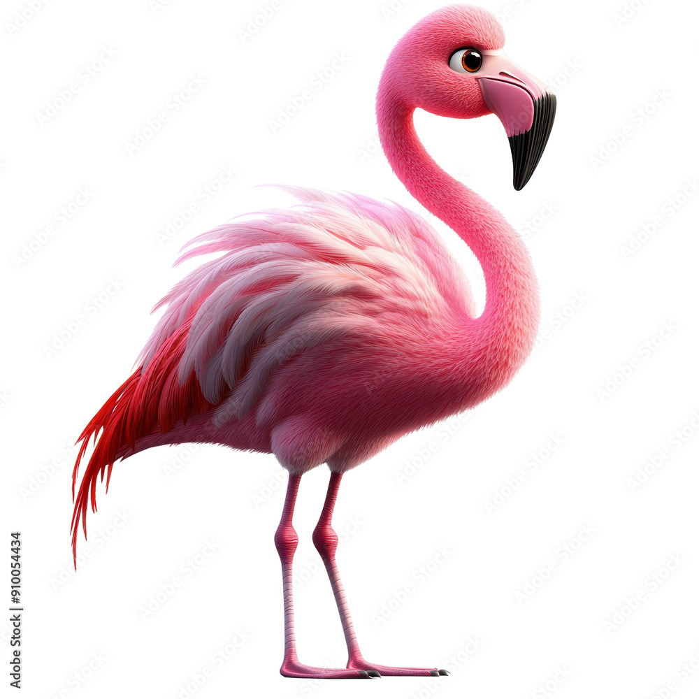Fototapeta premium A pink flamingo standing on a white background. The flamingo is the main focus of the image and is the only object in the scene. The image has a simple and clean look